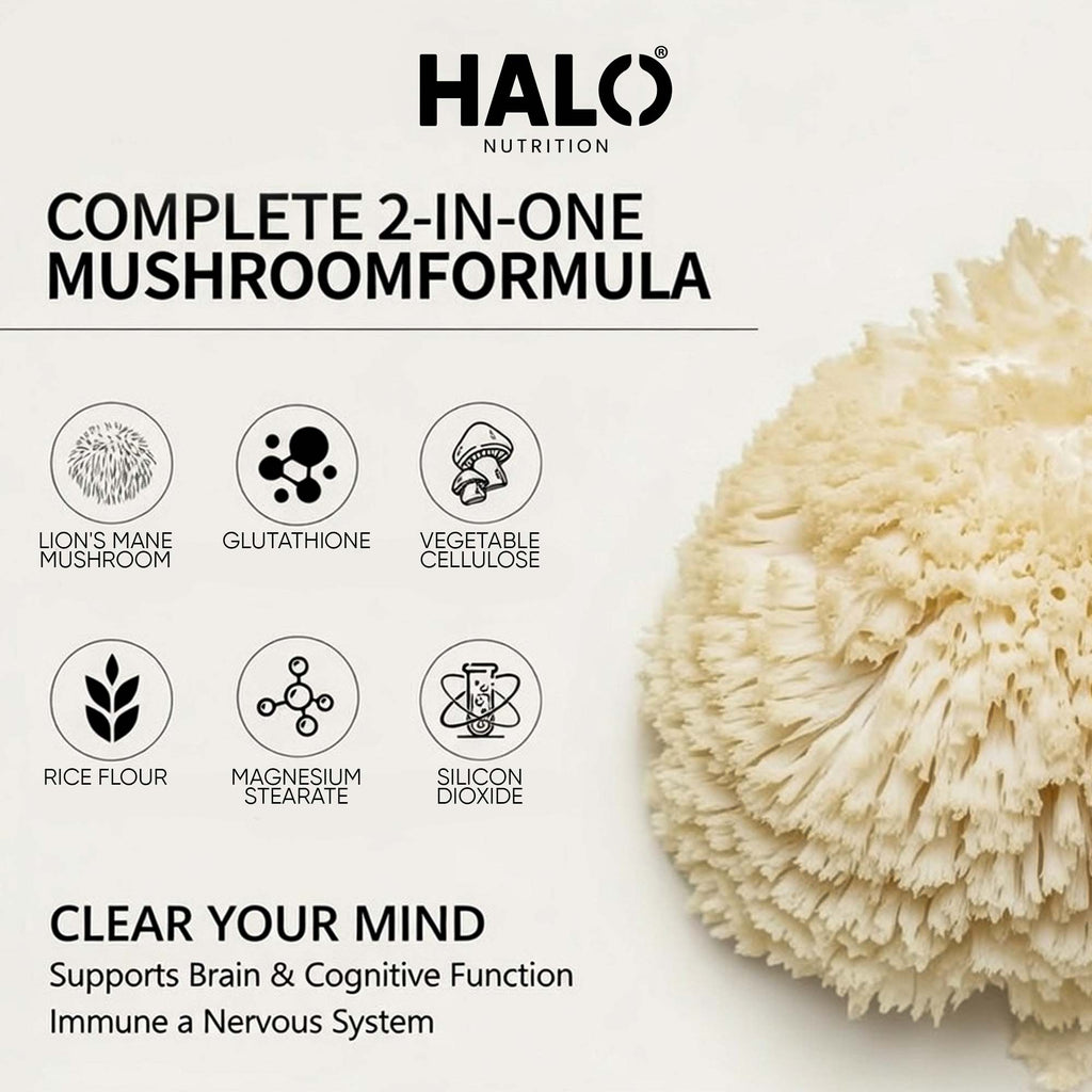 Halo Nutrition - Lions Mane Mushroom Extract Capsules 10,000mg 240mg Polysaccharides Strong Vegan