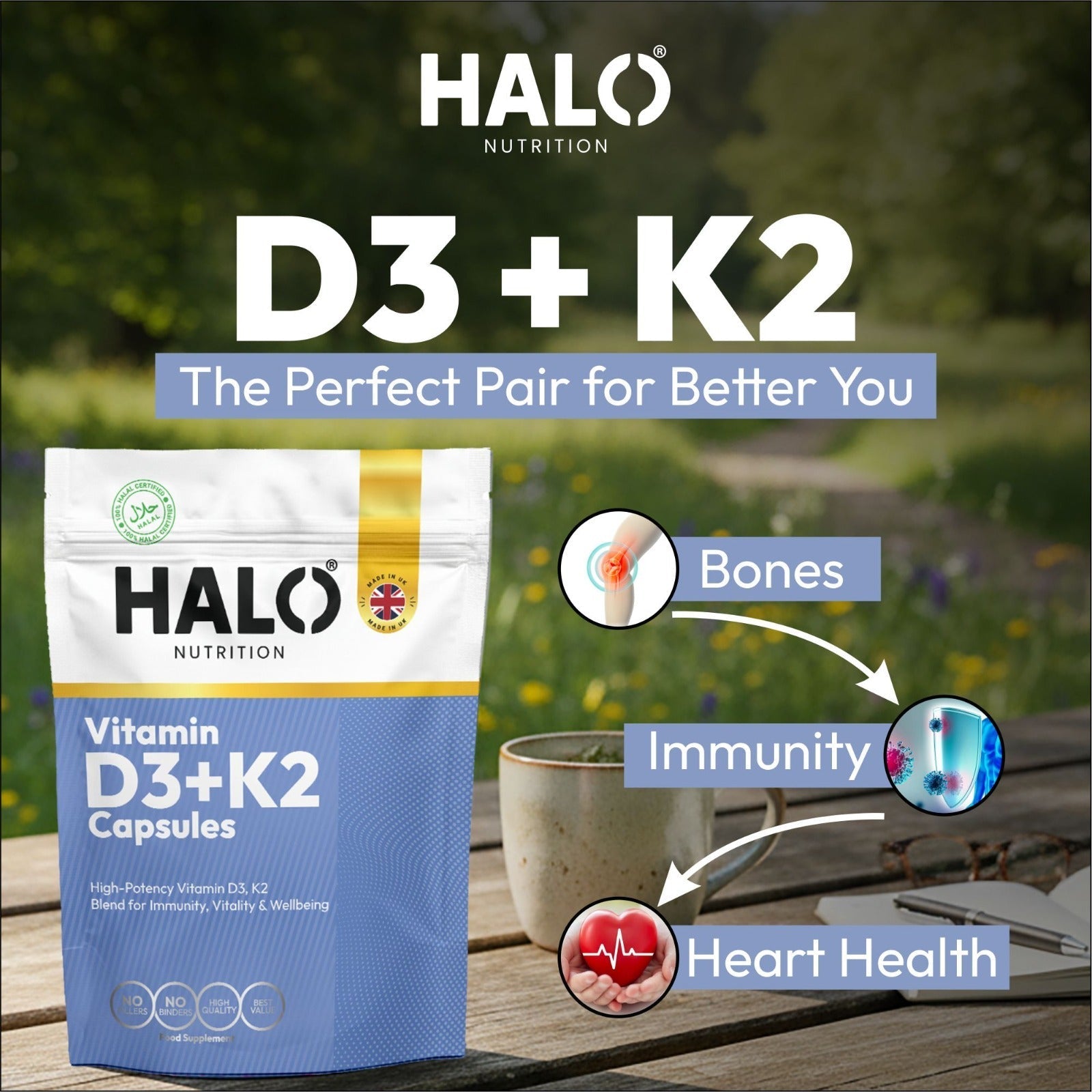 Halo Nutrition Vitamin D3 K2 - 90 Capsules 10,000 IU + K2 450mcg VIT- D3 K2