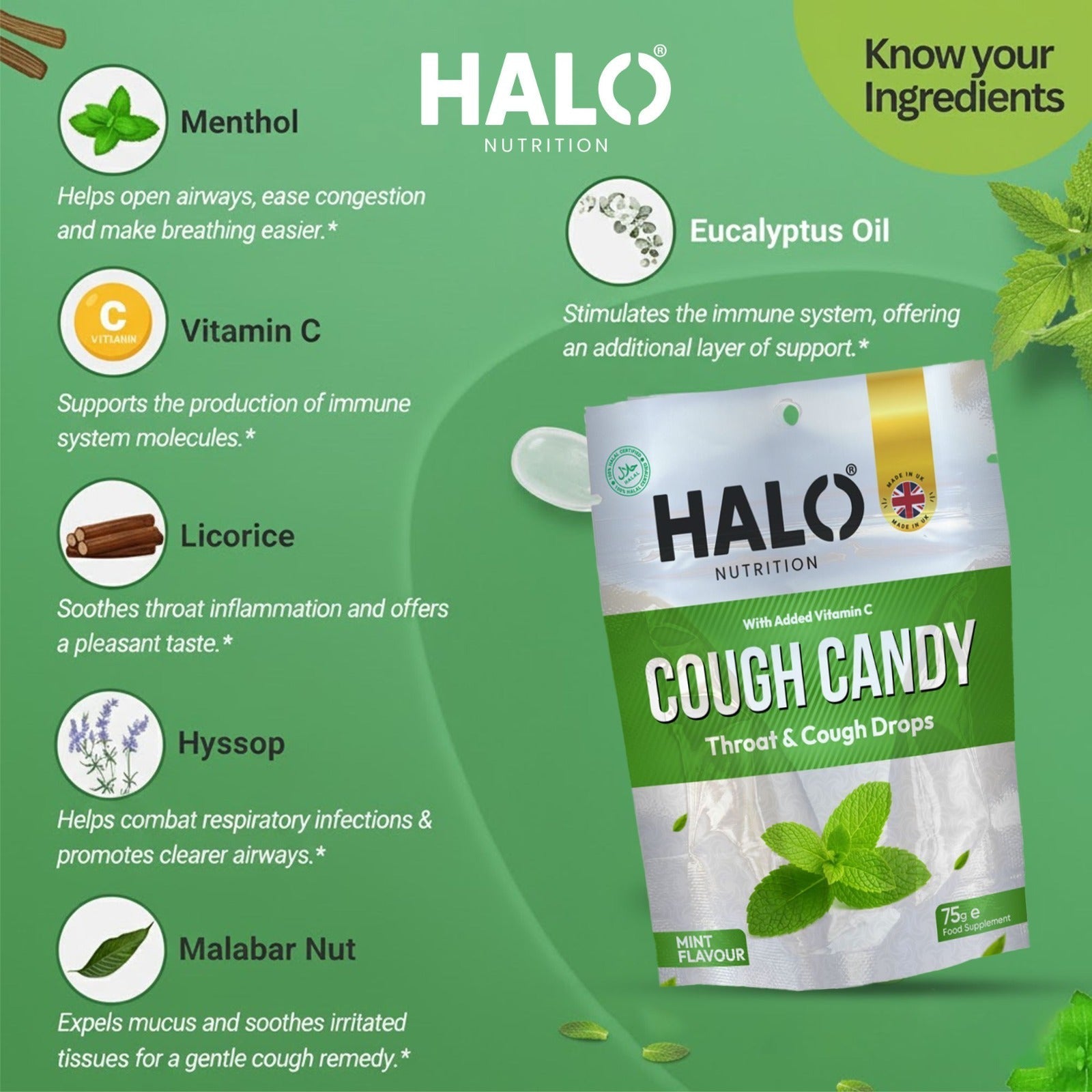 Halo Nutrition Cough Candy Throat & Cough Drops (Mint Flavour) 75g