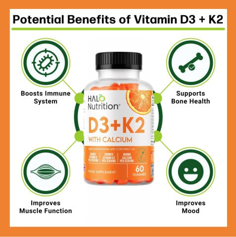Halo Nutrition Vitamin D Gummies with K2 and Calcium, High Strength Sugar Free
