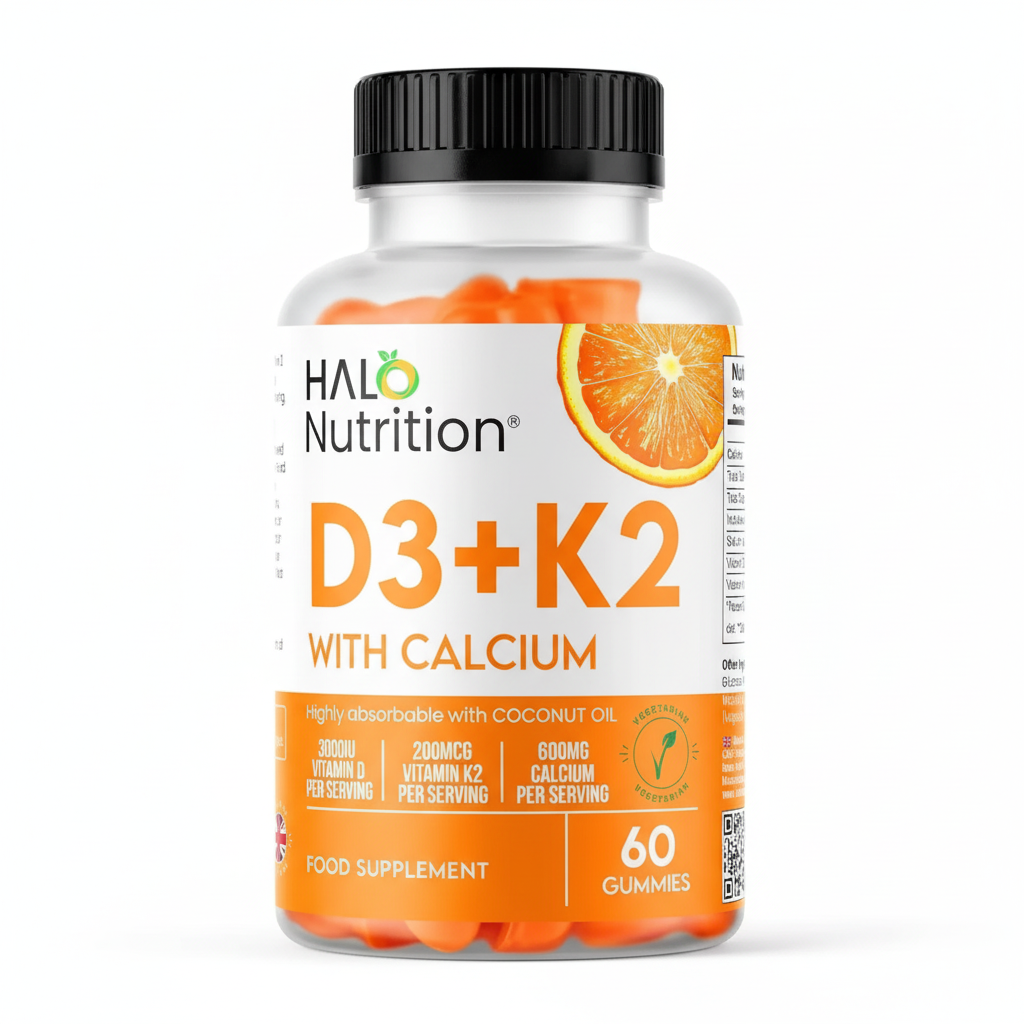 Halo Nutrition Vitamin D Gummies with K2 and Calcium, High Strength Sugar Free